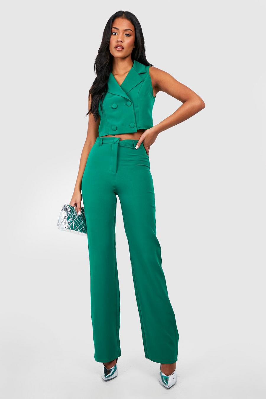 Bottle green Tall Button Detail Mid Rise Wide Leg Pants image number 1