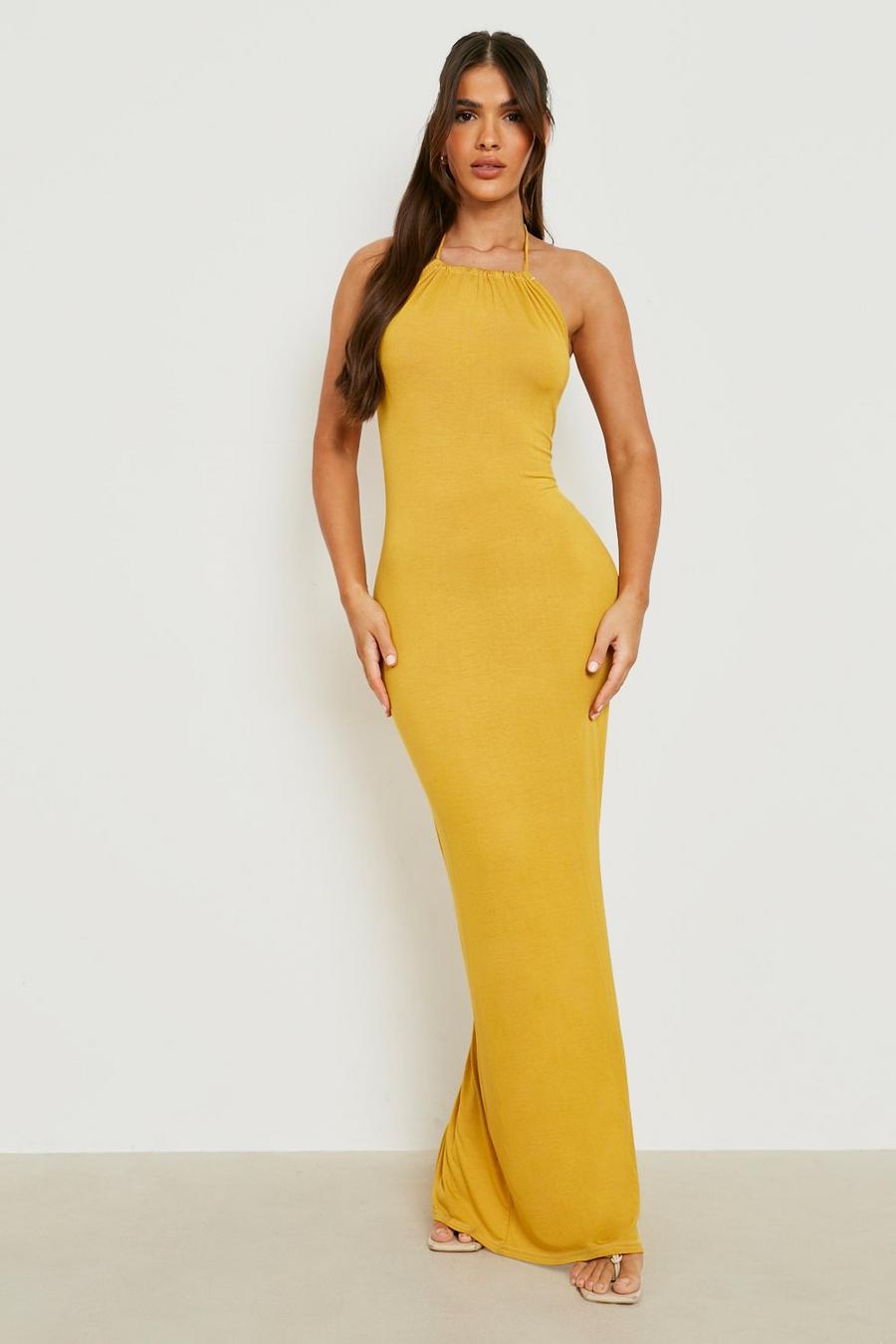 Mustard Halter Side Split Maxi Dress image number 1