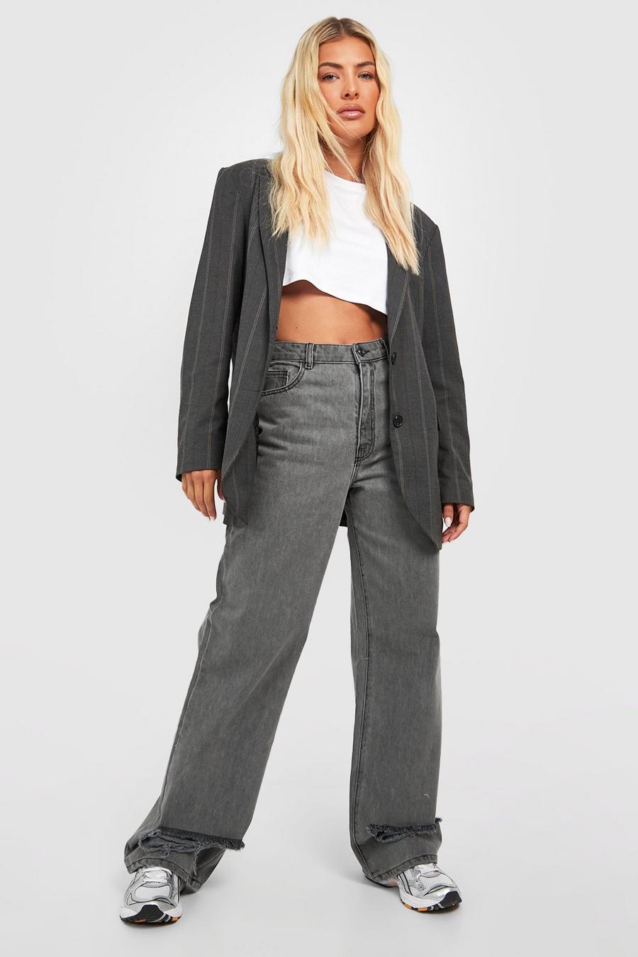 Washed black High Waisted Ripped Hem Wide Leg Jeans image number 1