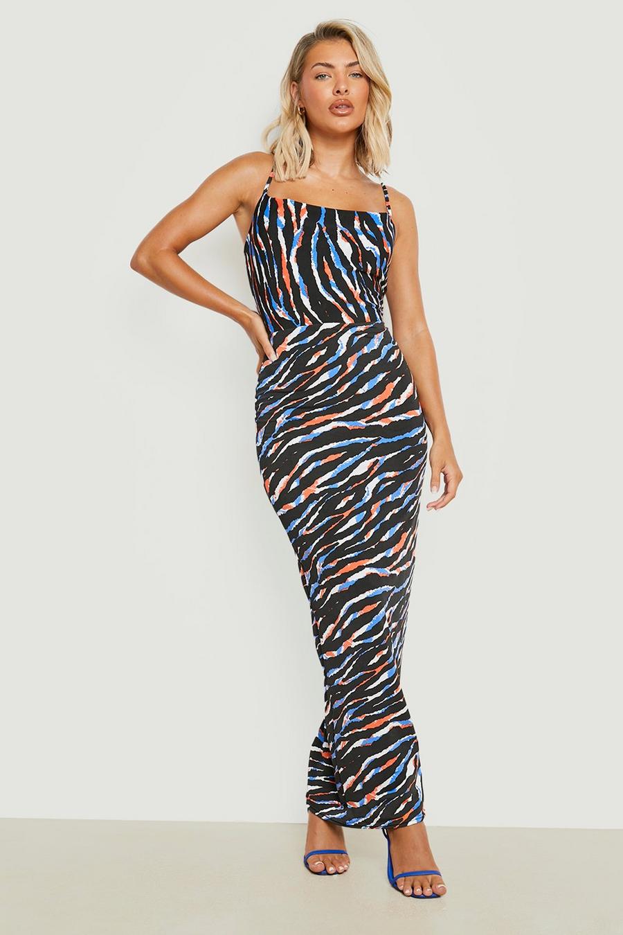 Black  Zebra Striped Slinky Cowl Neck Maxi Dress image number 1