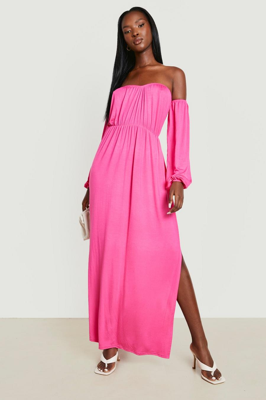 Hot pink Bardot Balloon Sleeve Maxi Dress image number 1