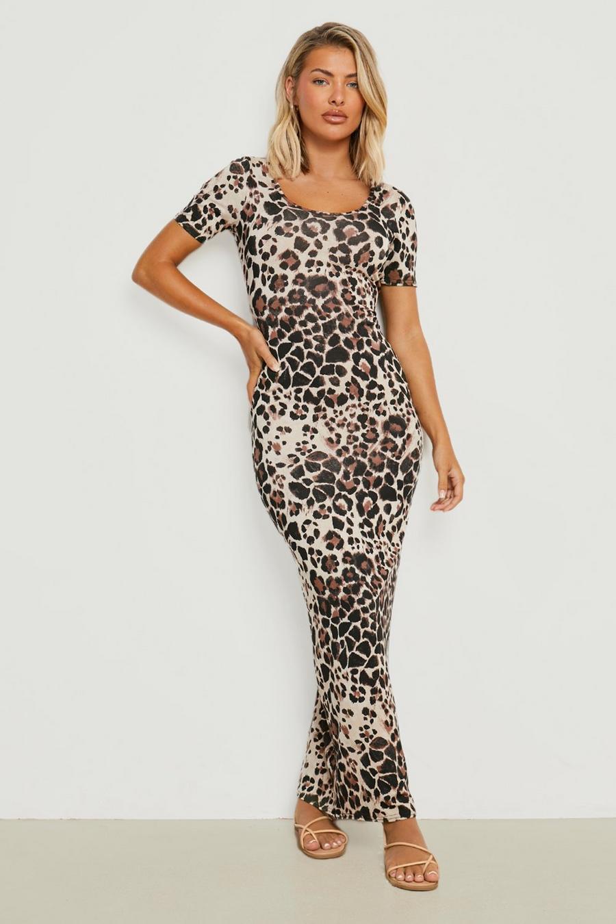 Brown Leopard Scoop Neck Short Sleeve Maxi Dress  image number 1