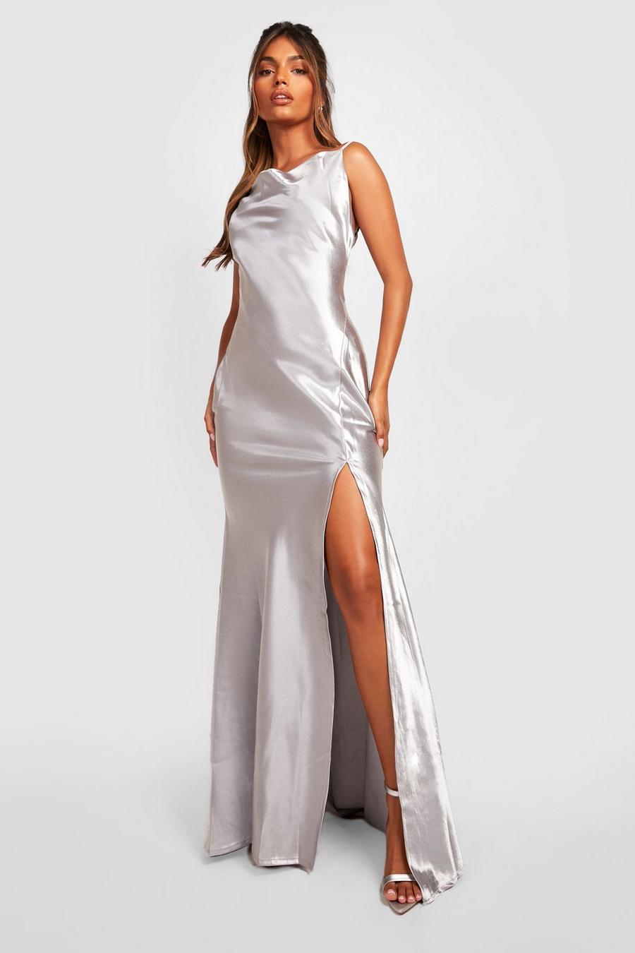 Grey Bridesmaid Premium Satin Cowl Neck Maxi Dress image number 1