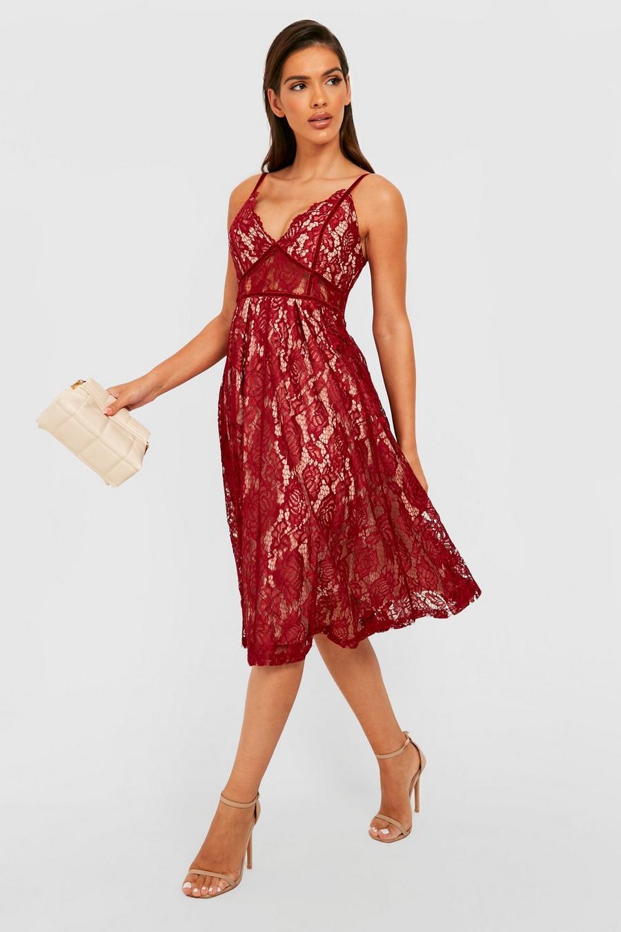 Berry red Boutique Lace Midi Skater Dress