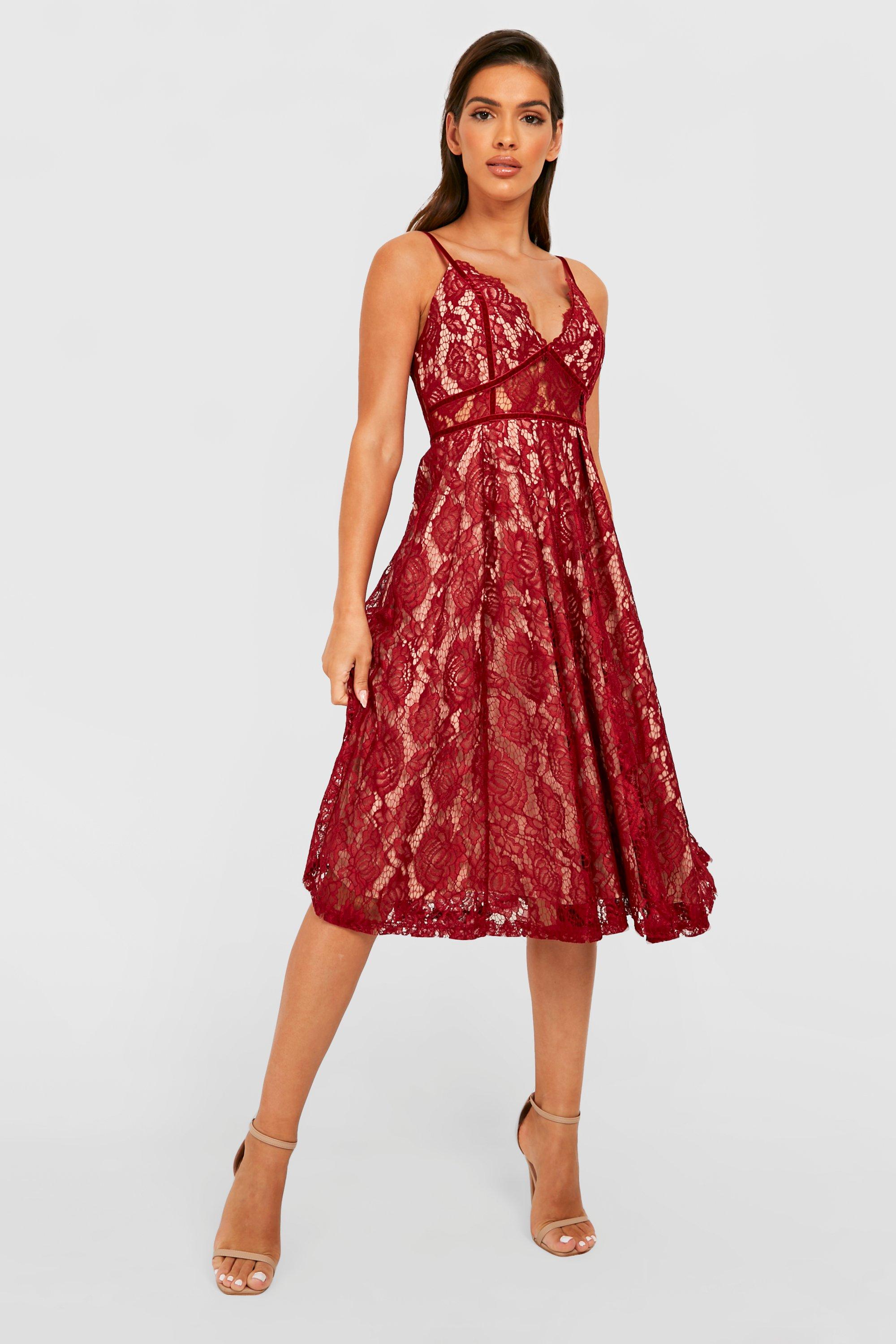 Boohoo red lace dress sale