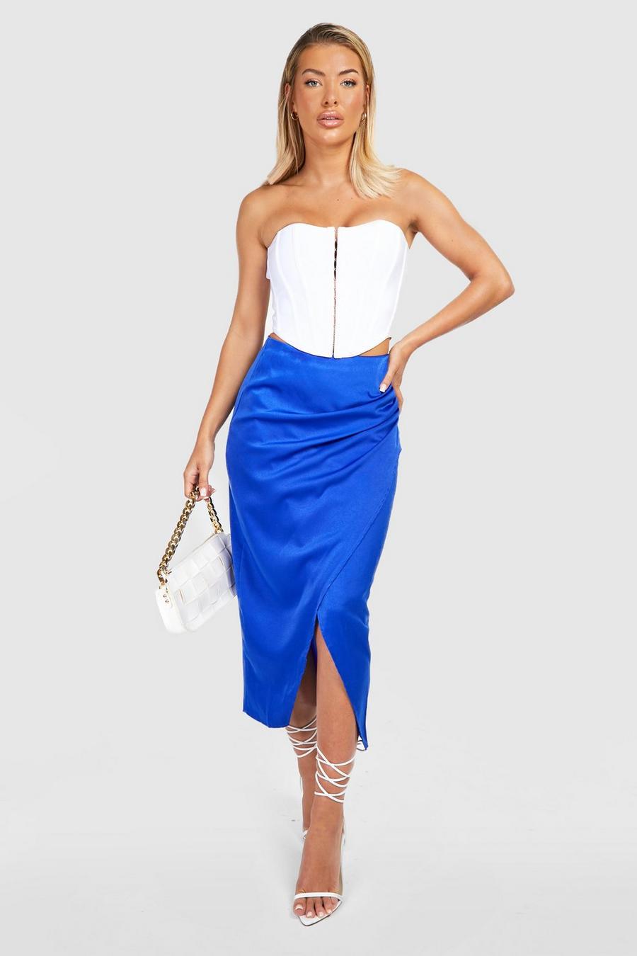Blue Draped Wrap Midi Skirt