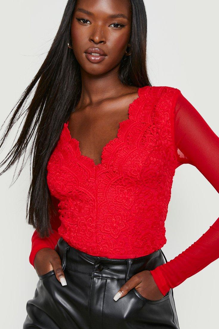 Red Lace Trim Plunge Long Sleeve Bodysuit