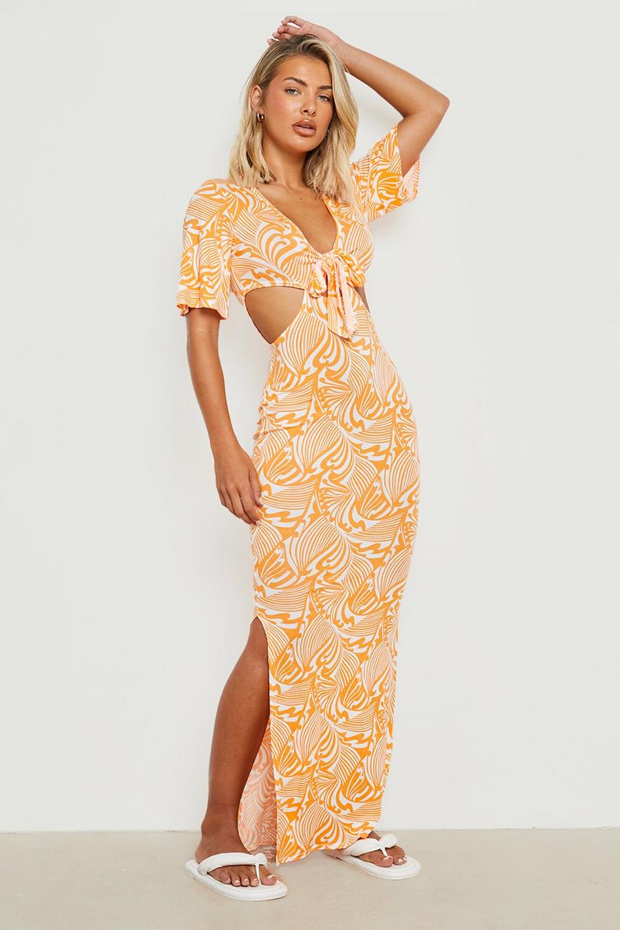 Orange  Swirl Cut Out Tie Front Maxi Dress image number 1