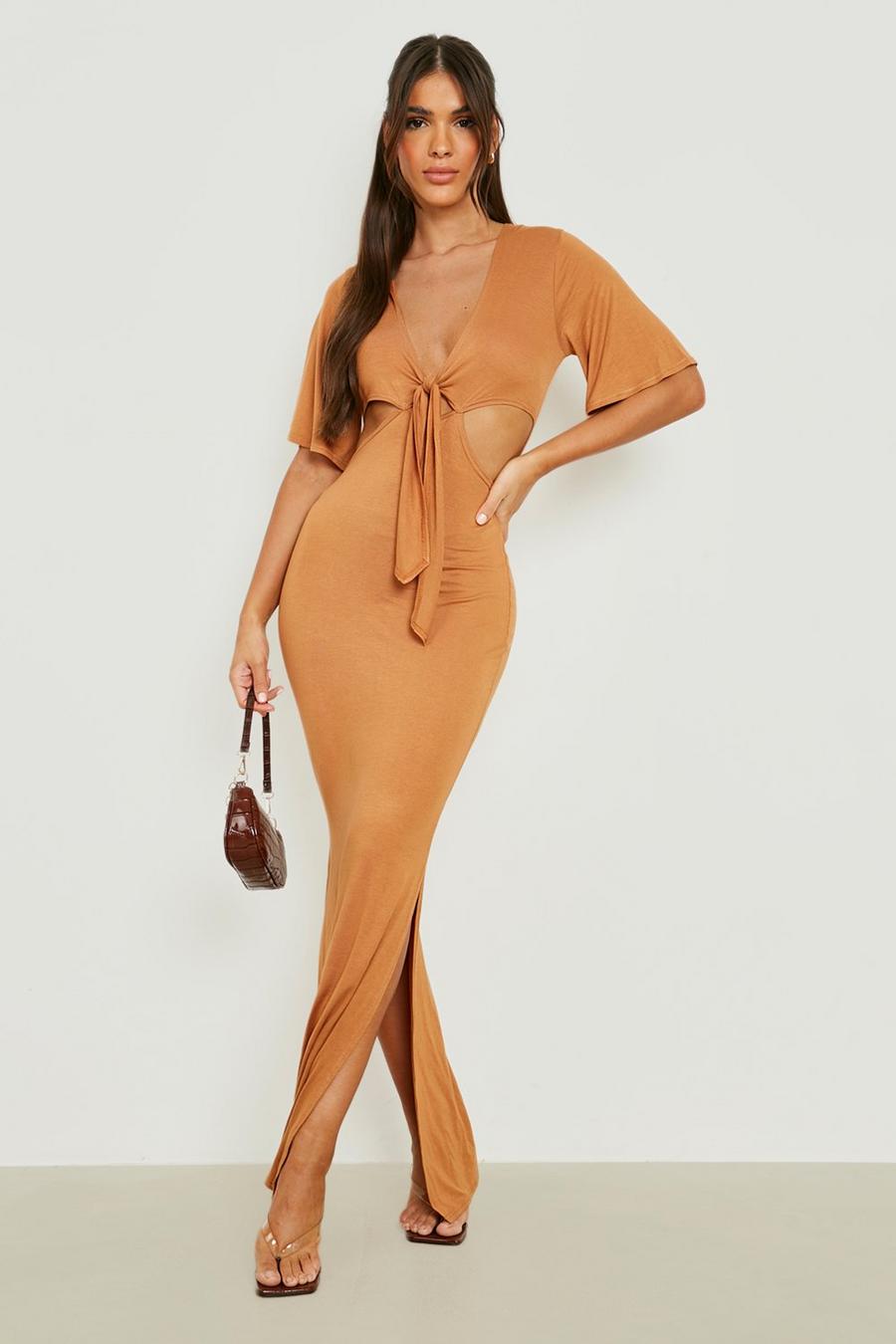 Mustard Cut Out Tie Front Maxi Dress image number 1