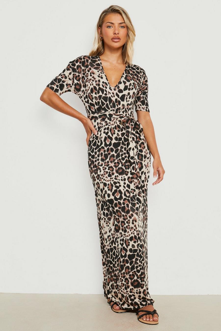 Brown Leopard Cap Sleeve Tie Waist Maxi Dress  image number 1