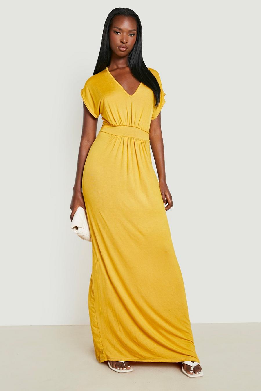 Mustard jaune Cap Sleeve Tie Waist Maxi Dress 
