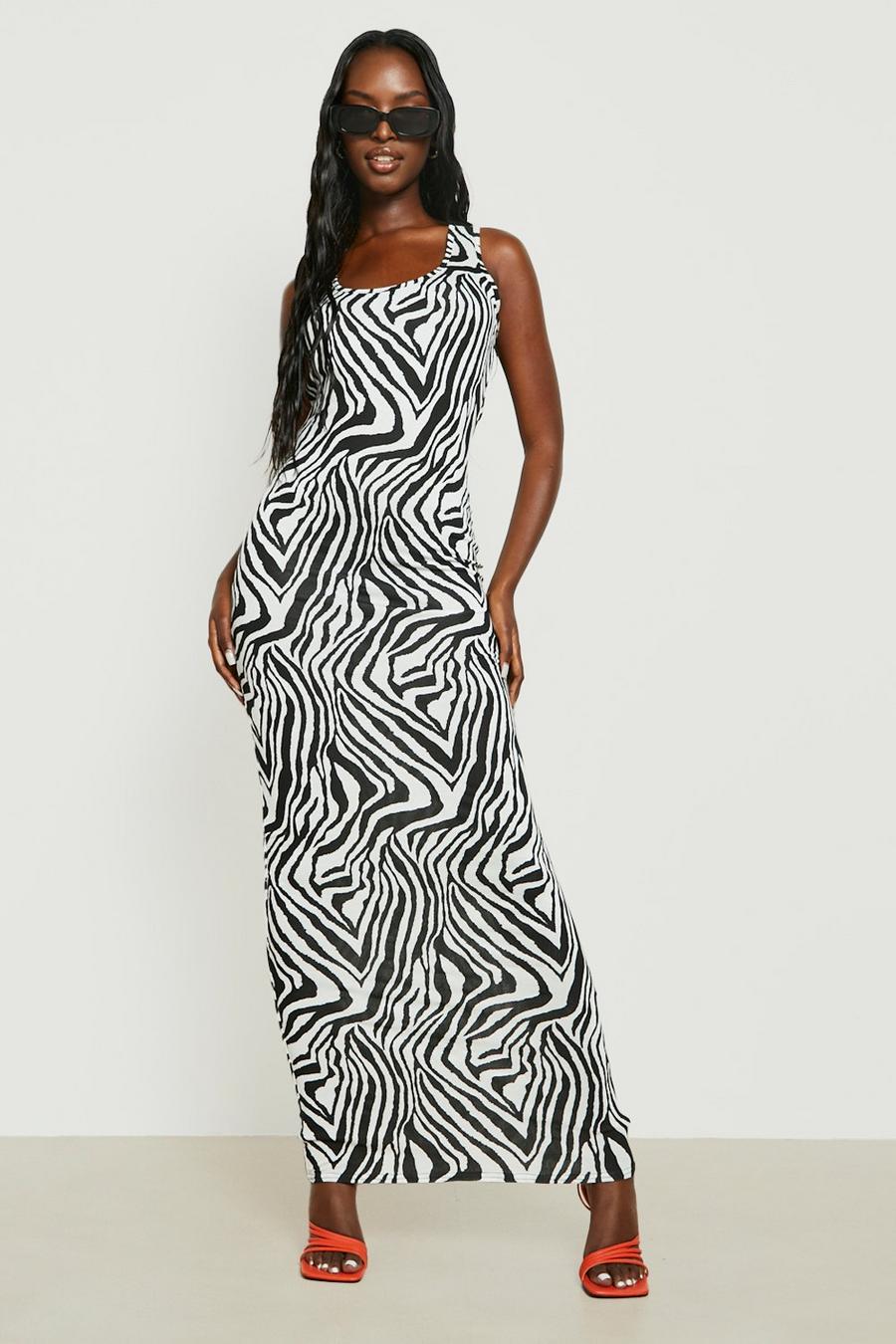 Black Zebra Scoop Neck Jersey Knit Maxi Dress