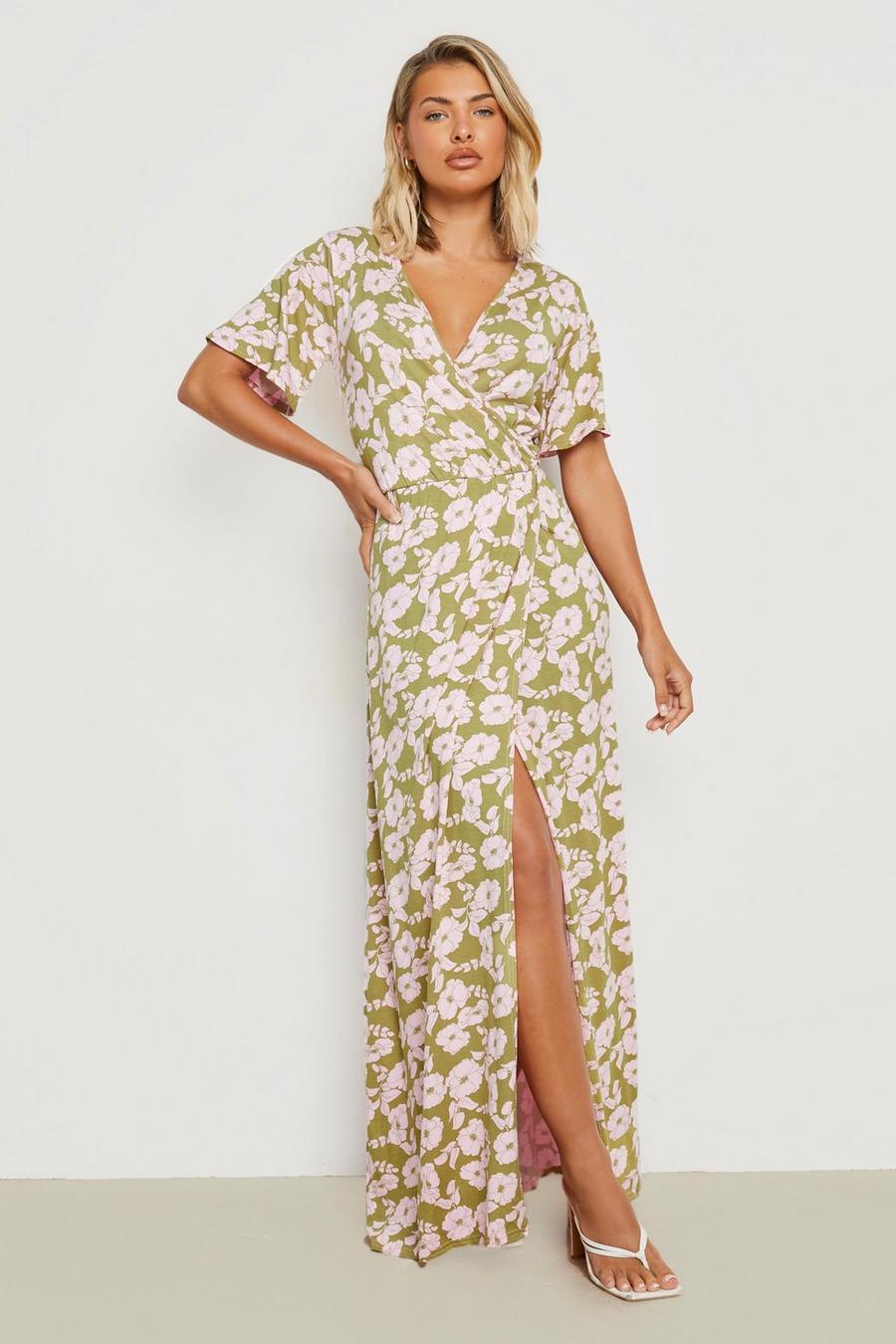 Green  Floral Angel Sleeve Wrap Maxi Dress image number 1