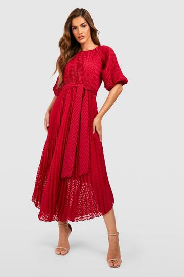 Dobby Pleated Puff Sleeve Midi Dress magenta