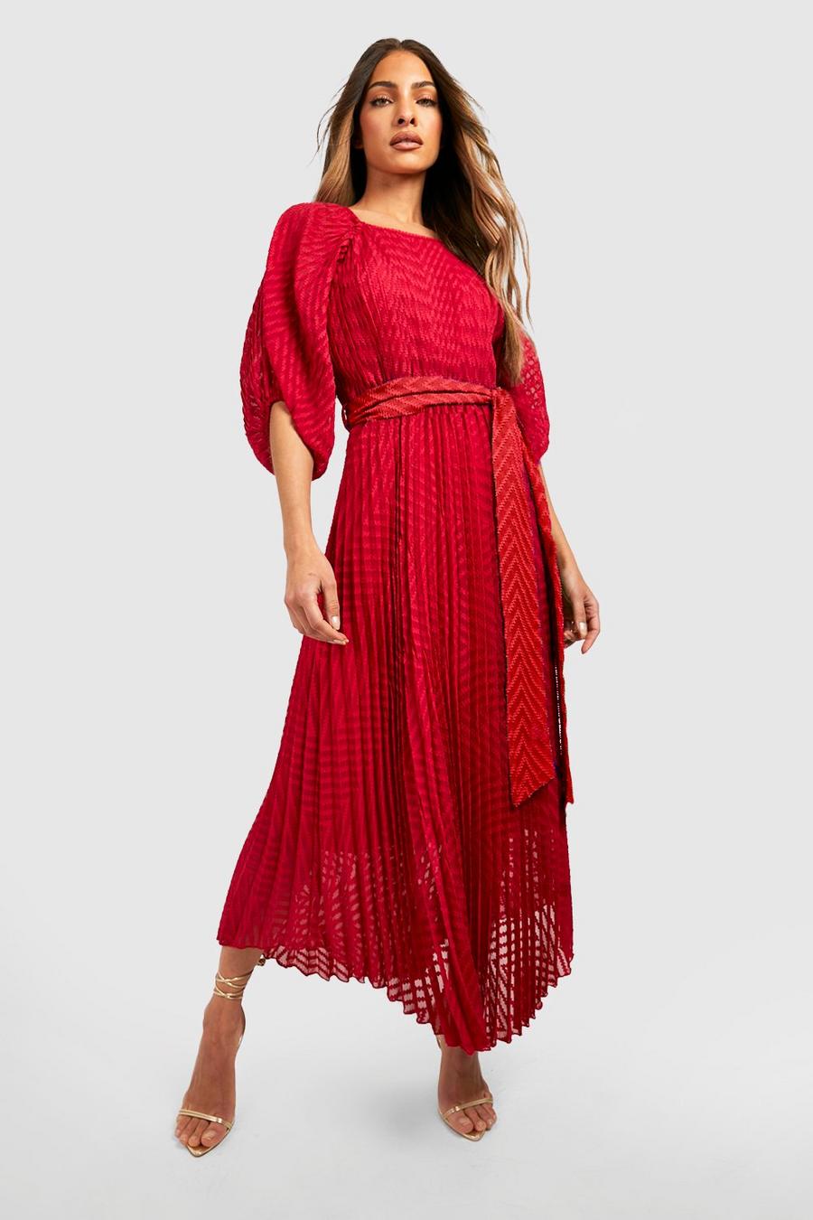 Red Dobby Pleated Puff Sleeve Midi Dress image number 1