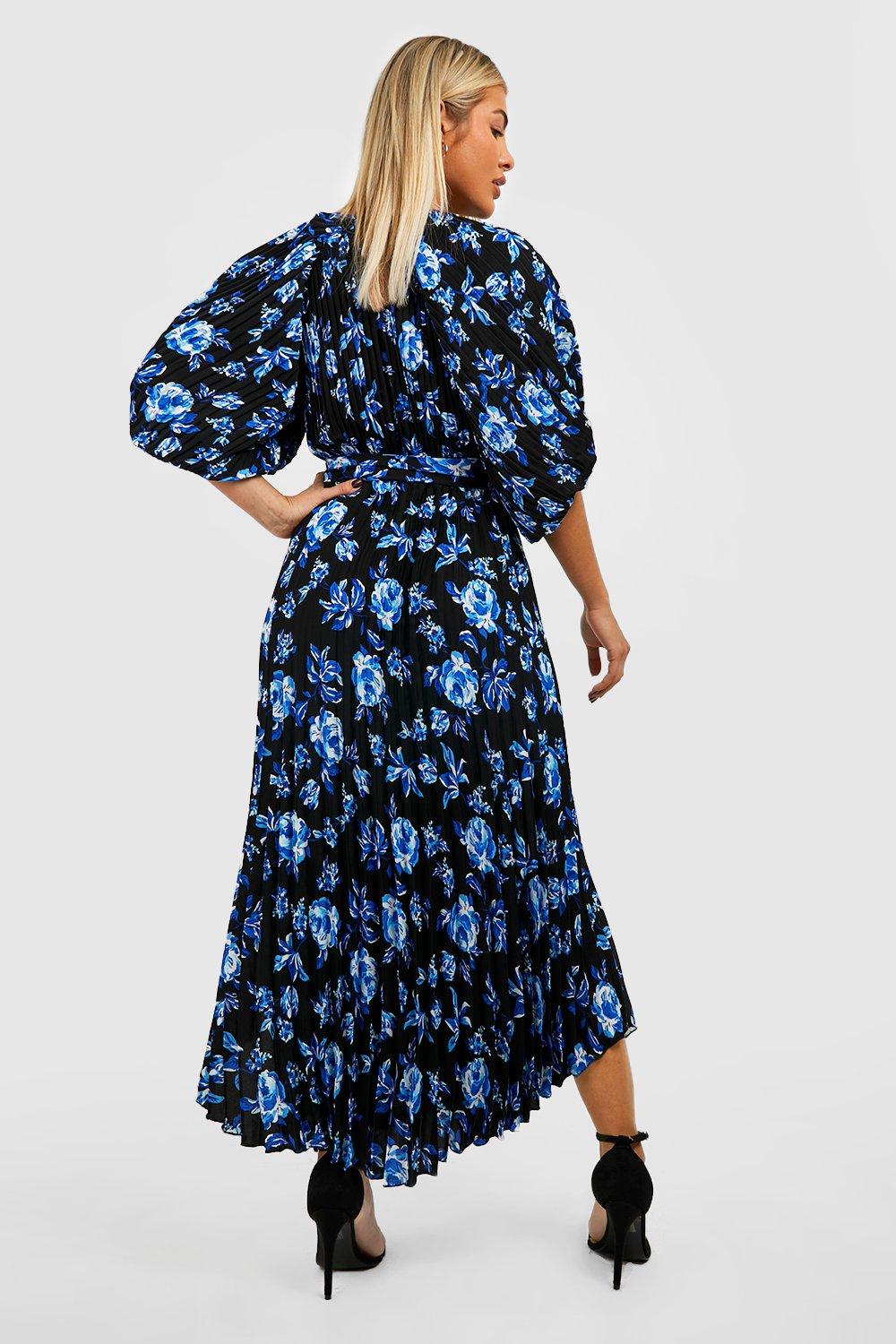 Pleated Wrap Dress - Black/floral - Ladies