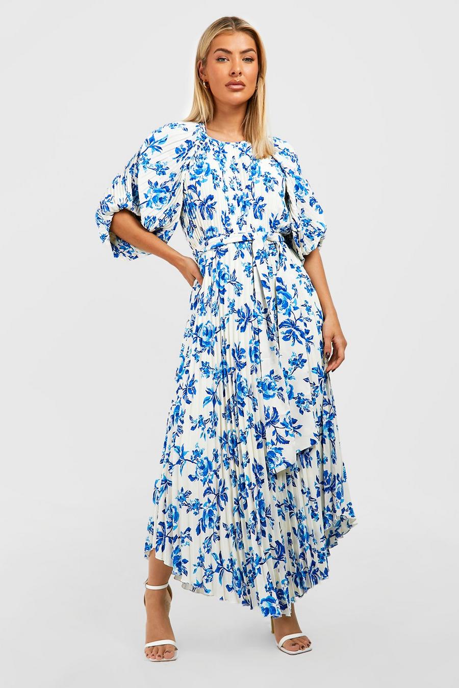 White Floral Pleated Puff Sleeve Midi Dress image number 1