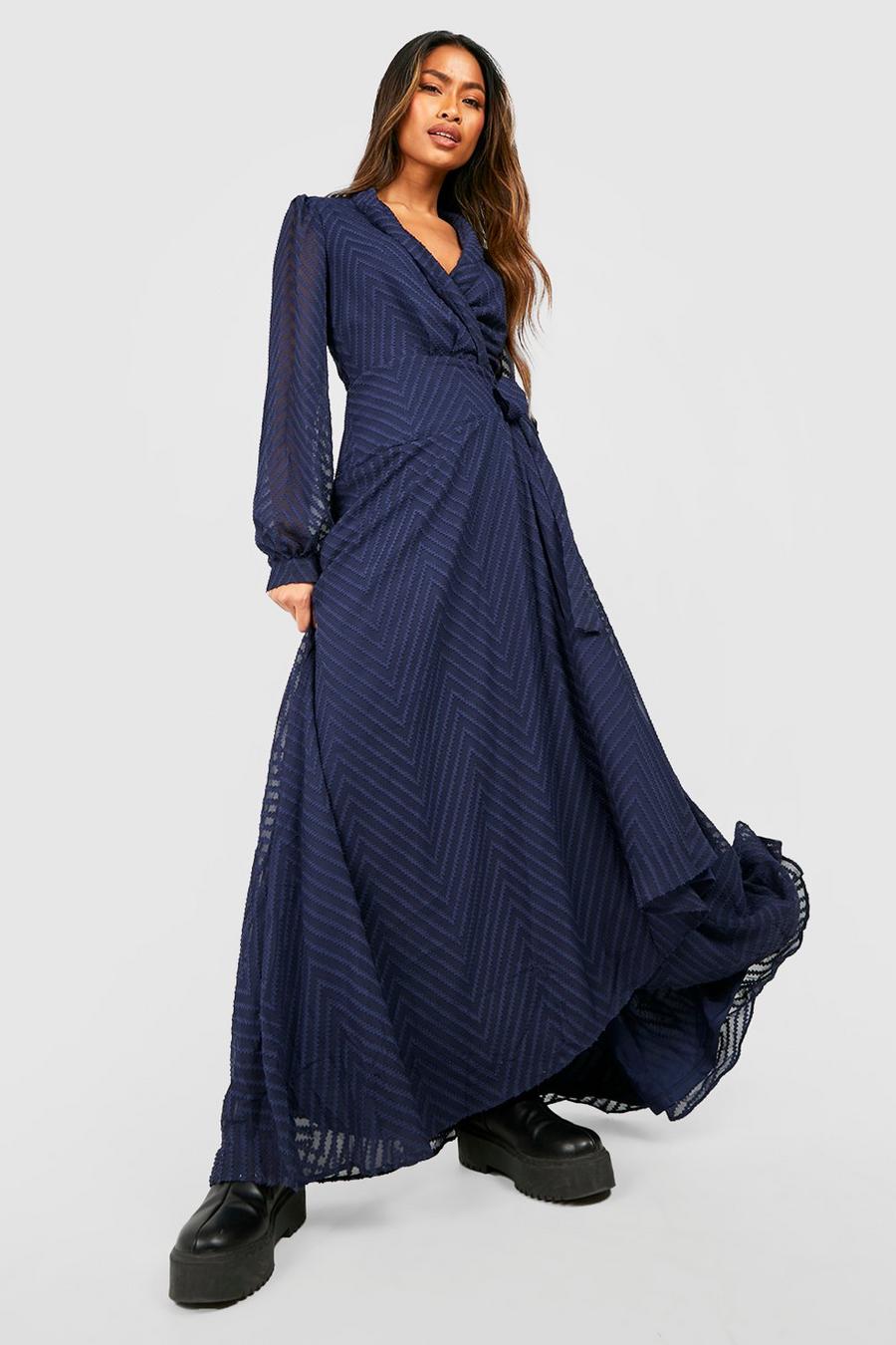 Navy Dobby Wrap Belted Maxi Dress image number 1