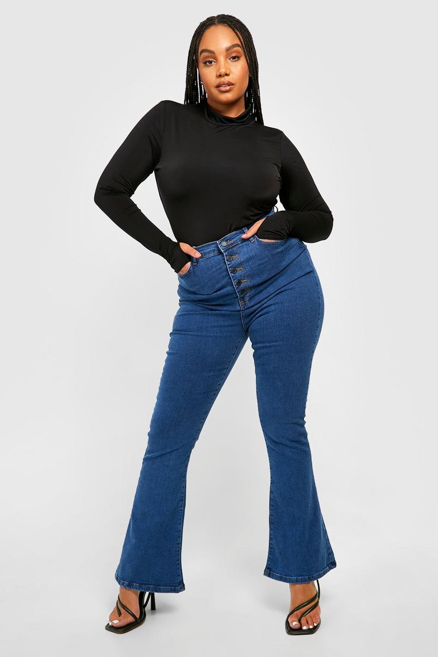 Indigo Plus High Waisted Button Flare Jeans image number 1