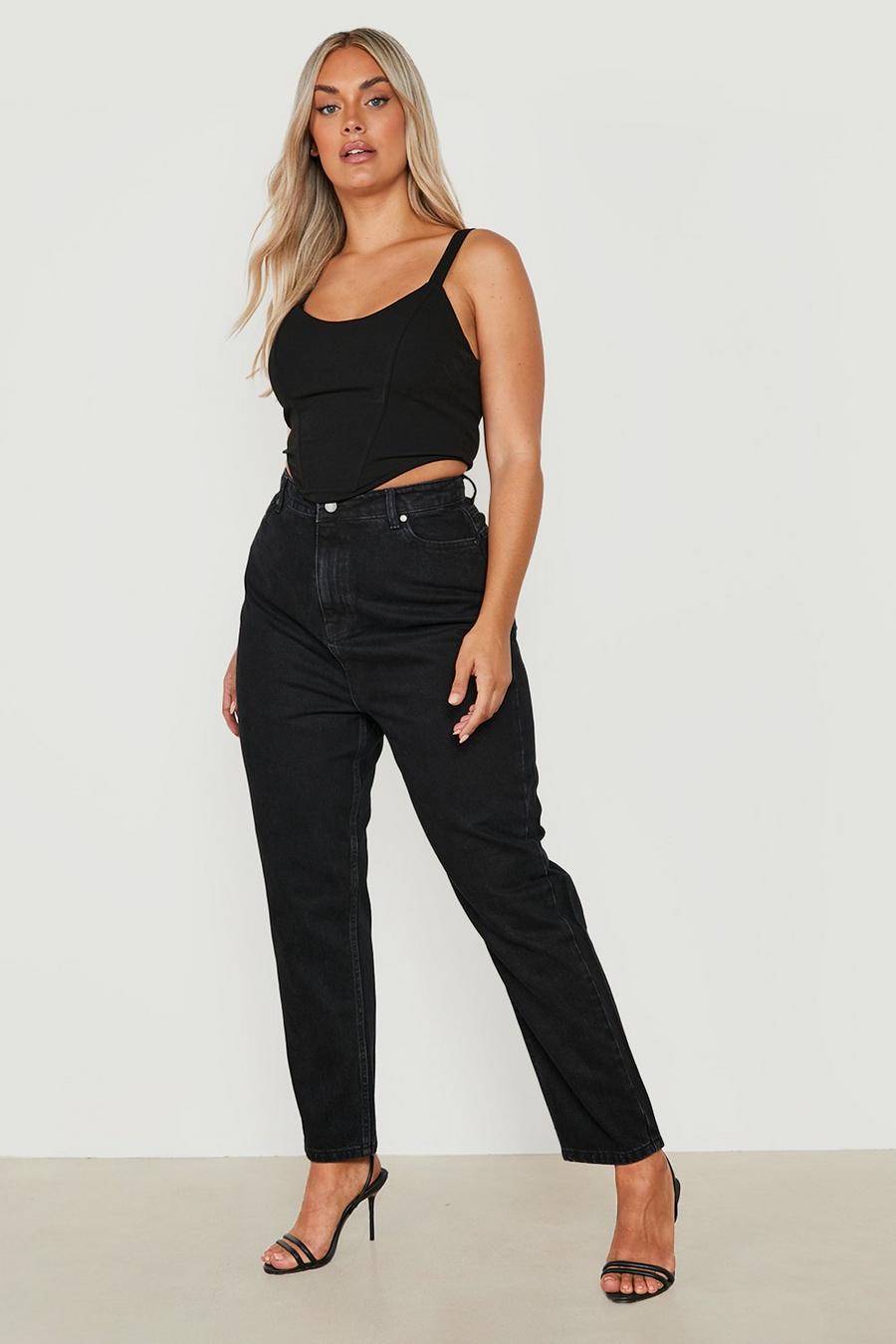 שחור ג'ינס בגזרה ישרה עם מחטב ישבן, מידות גדולות  image number 1