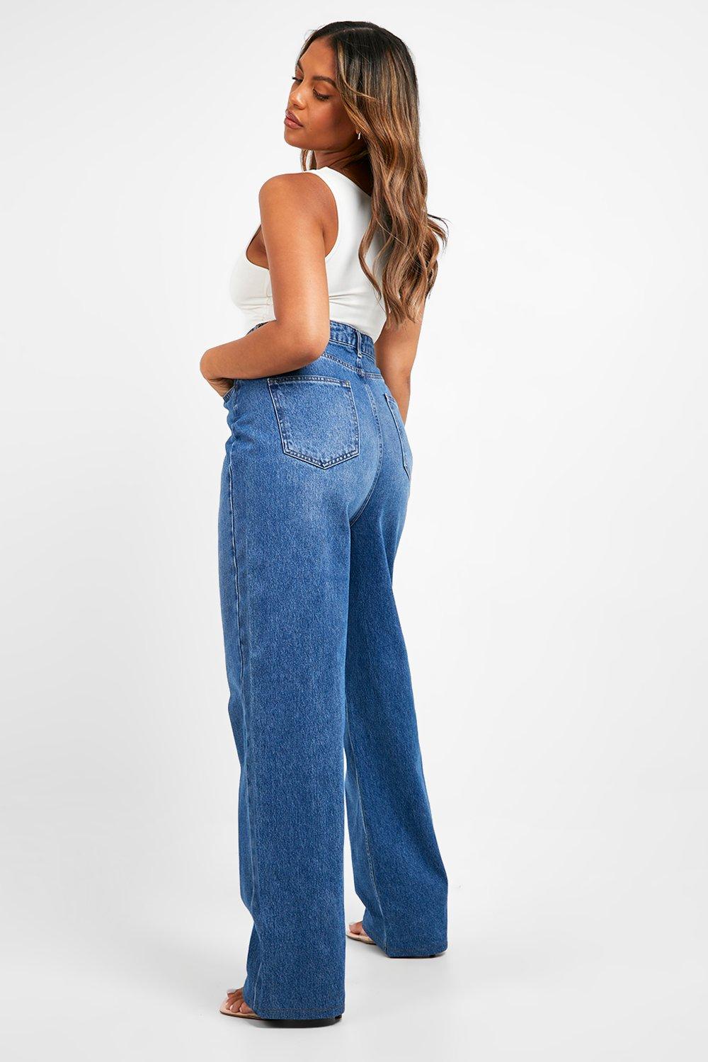 Buy Boohoo High Waist Bum Shaper Wide Leg Jeans In Blue