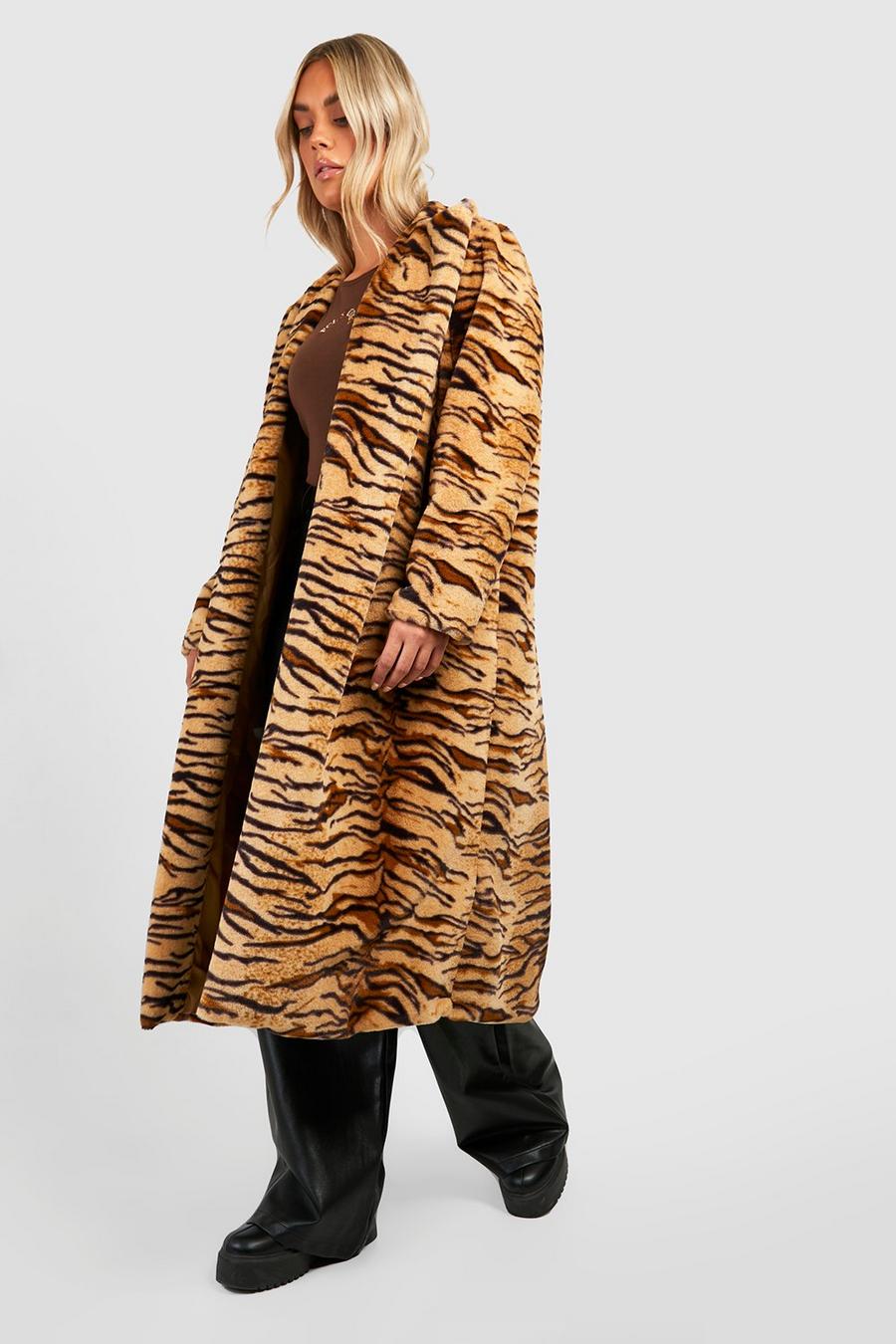 Brown Plus Premium Longline Animal Faux Fur Coat image number 1