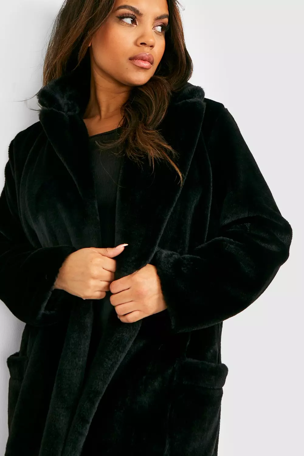 Longline faux fur coat cheap with hood