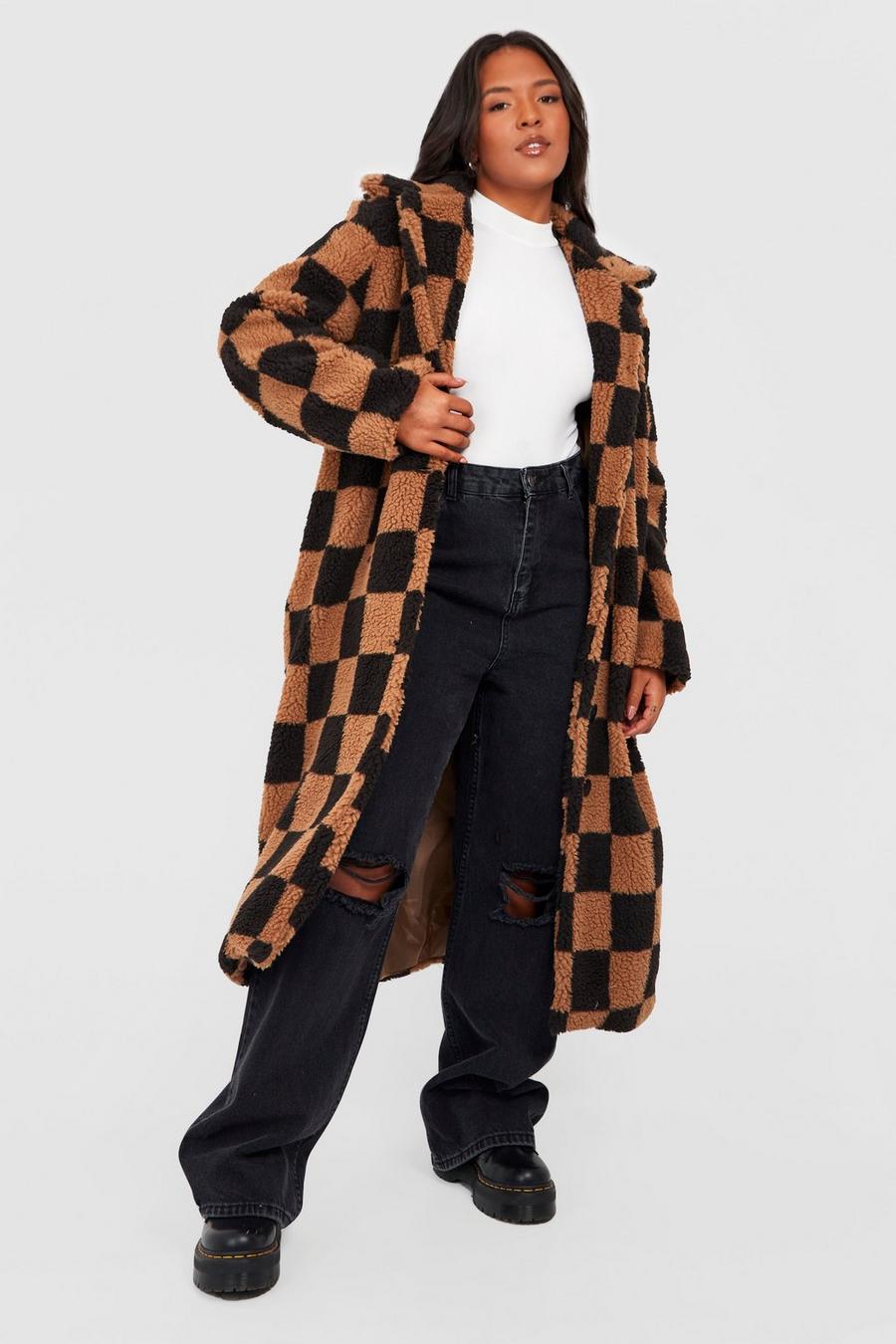 Brown Plus Teddy Checkerboard Coat  image number 1