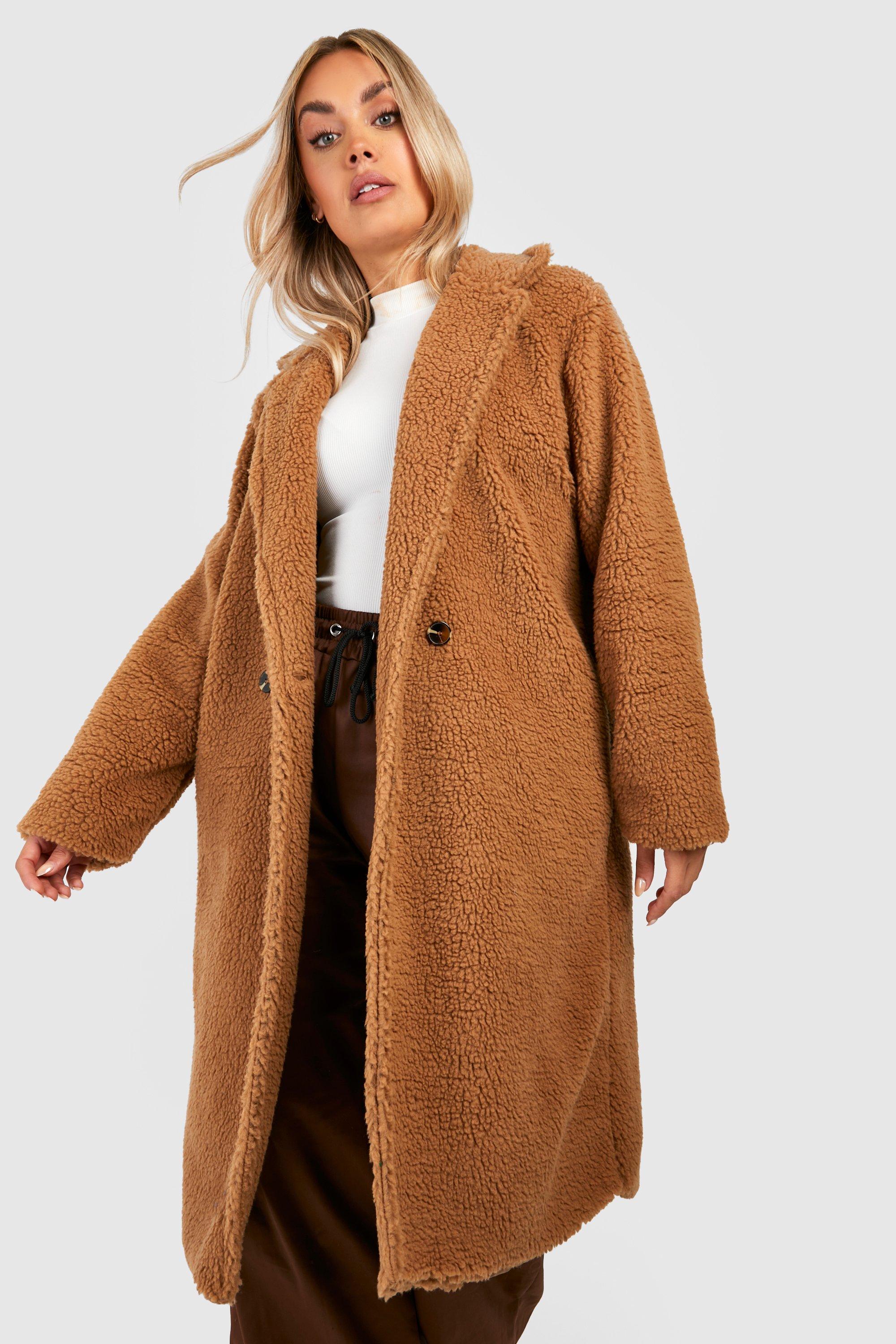 boohoo Double Breasted Faux Fur Coat - Brown - Size 10