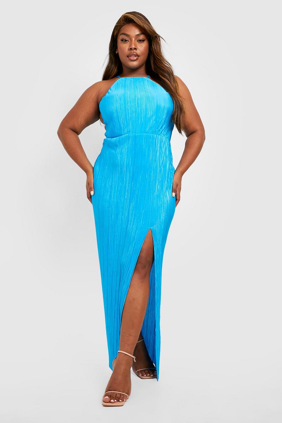 Cobalt blue Plus Plisse Pleated Thigh Split Maxi Dress