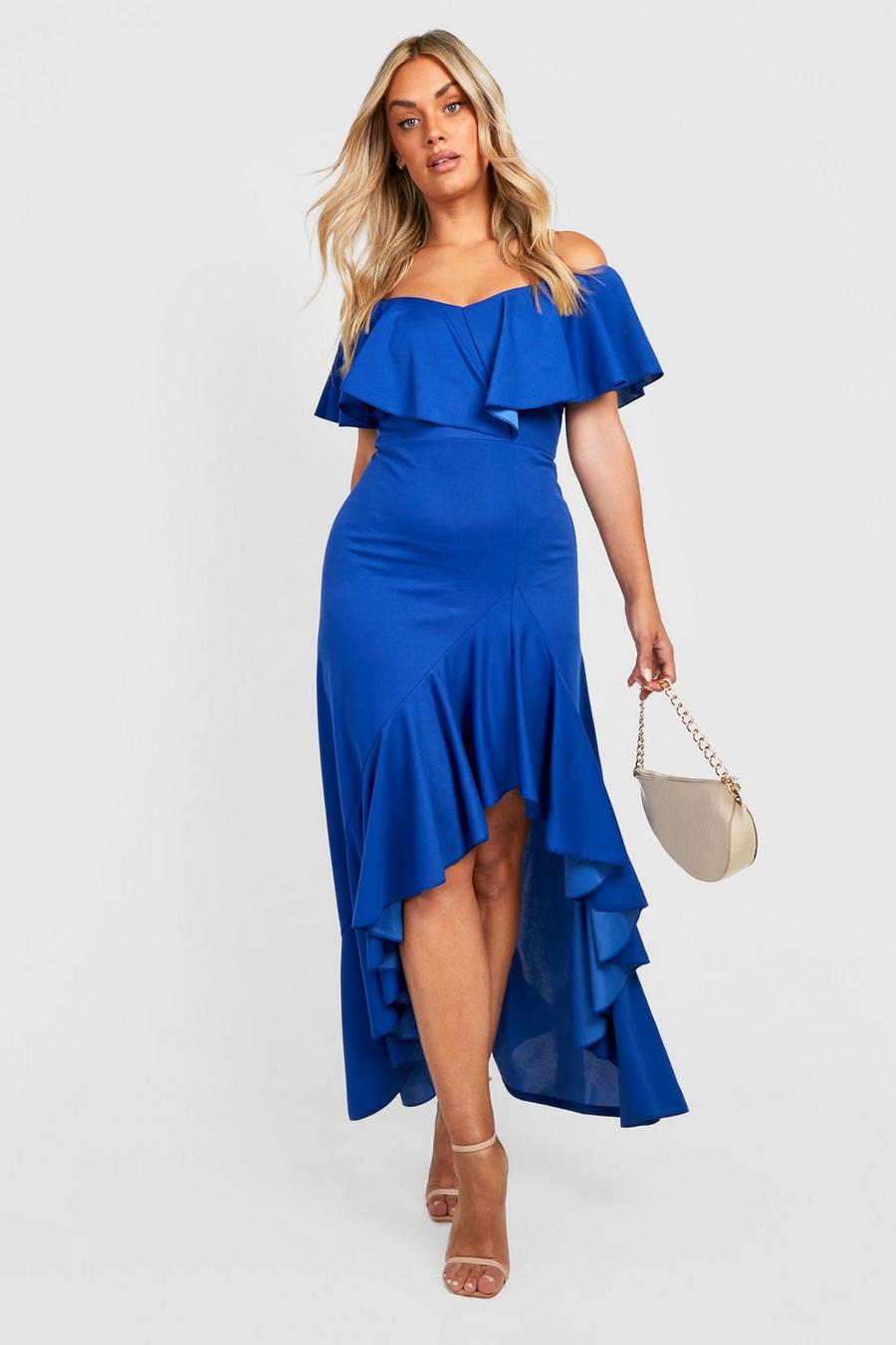 קובלט azul שמלת מקסי בסגנון ברדו עם שסע ברגל ומלמלה, מידות גדולות