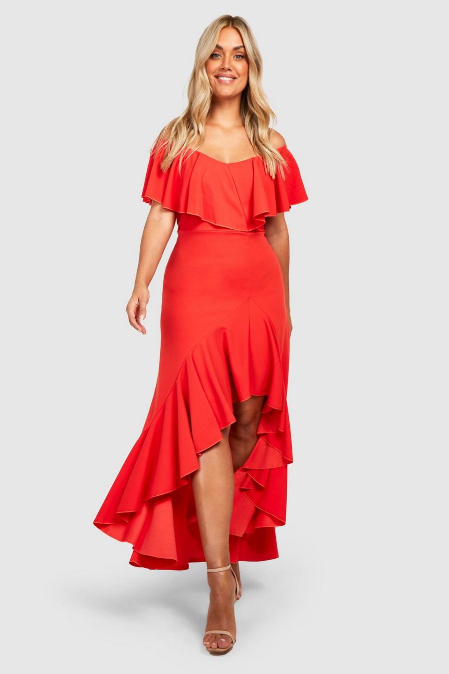 Red orange Plus Ruffle Bardot Split Leg Maxi Dress  image number 1