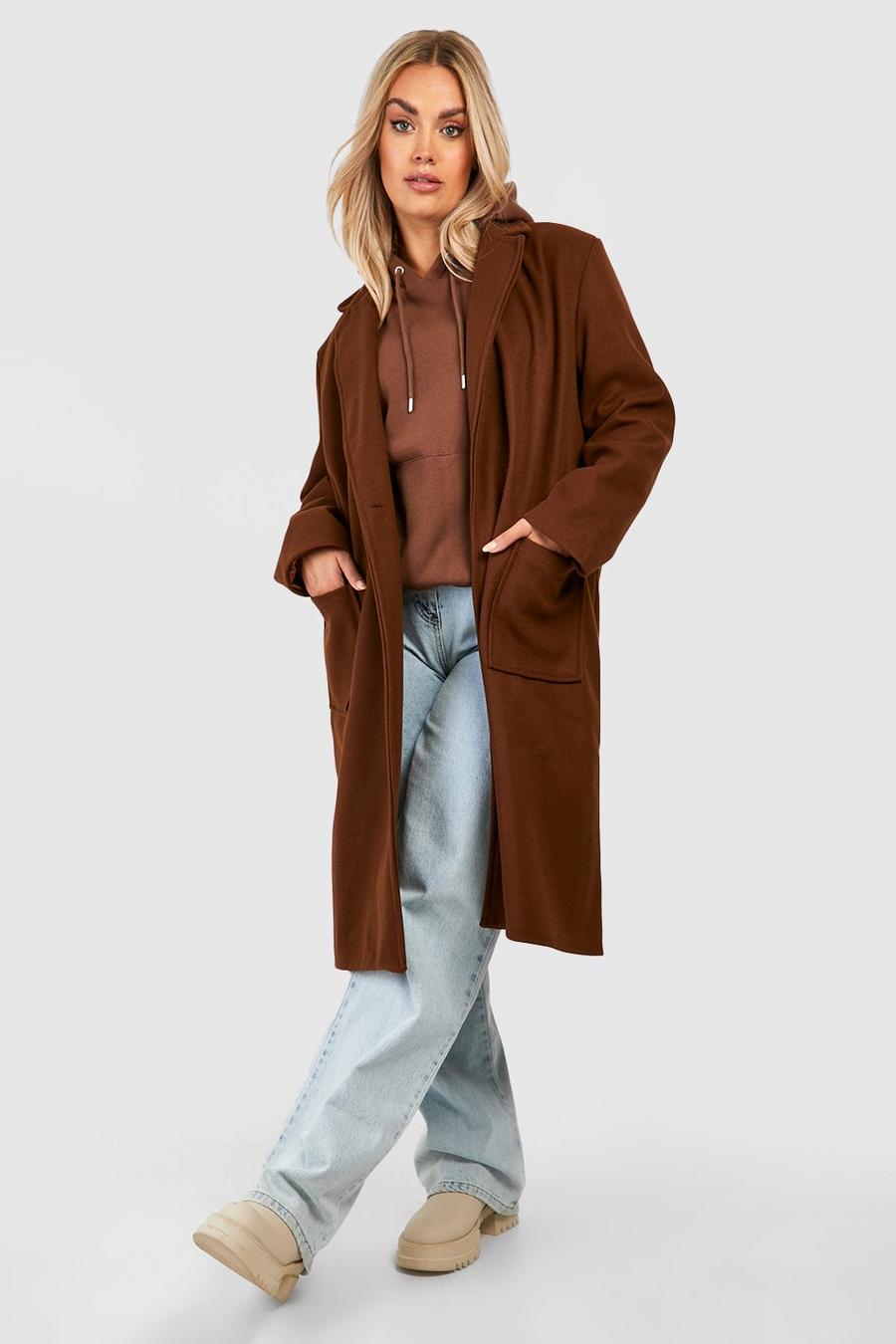 Chocolate marron Plus Wool Look Coat With Pockets