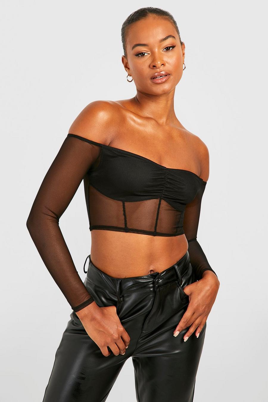 Black Tall Mesh Off The Shoulder Corset Style Top image number 1