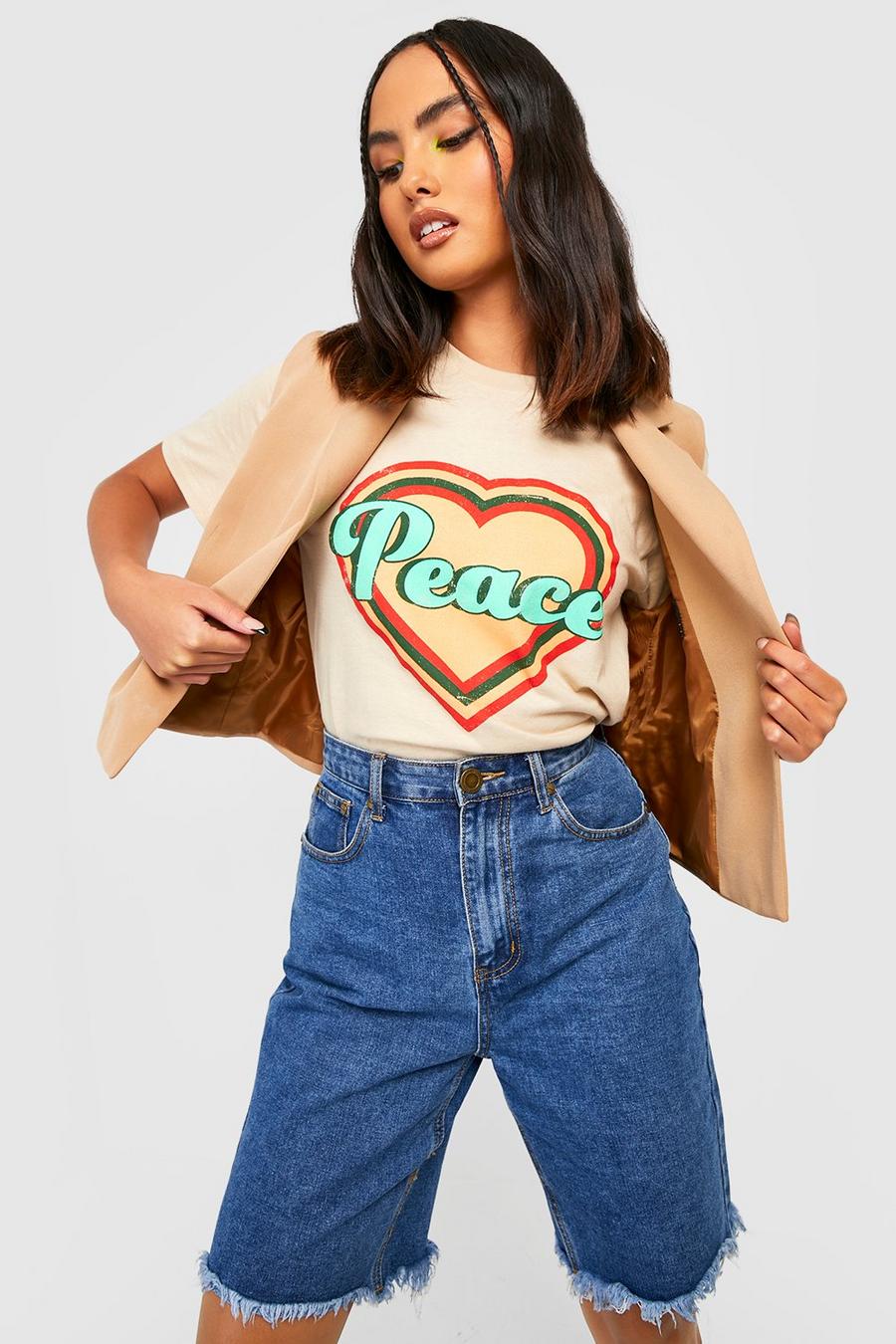 Oversize T-Shirt mit Peace Herz Print, Sand beige