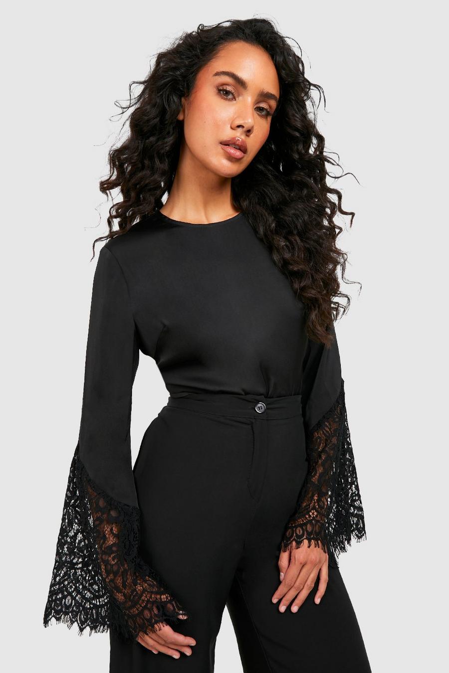 Black Lace Flare Sleeve Bodysuit image number 1