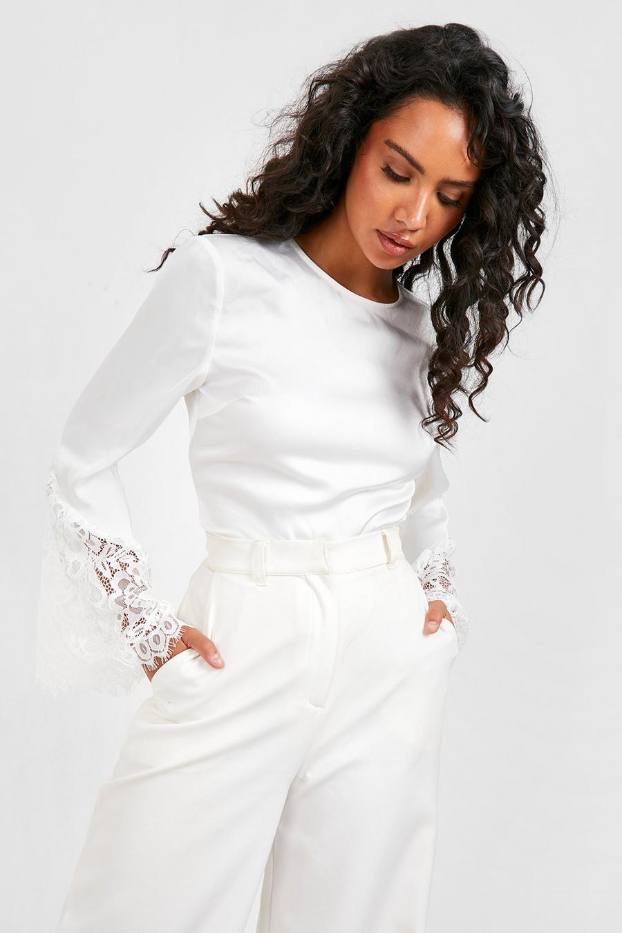 White Lace Flare Sleeve Bodysuit image number 1