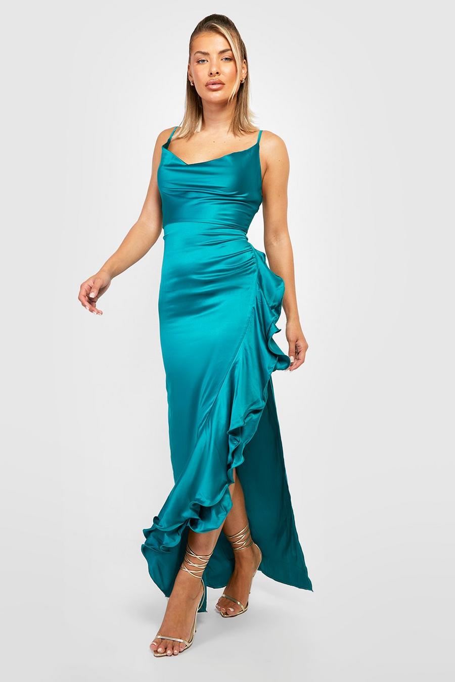 Emerald Satin Cowl Neck Ruffle Maxi Dress image number 1