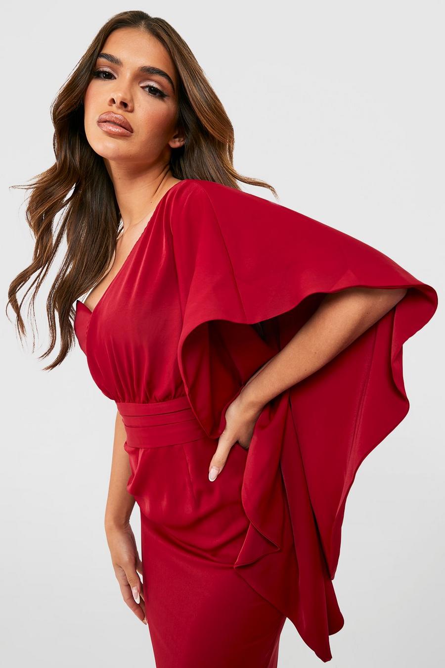 Berry rojo Satin Ruffle Sleeve Midi Dress