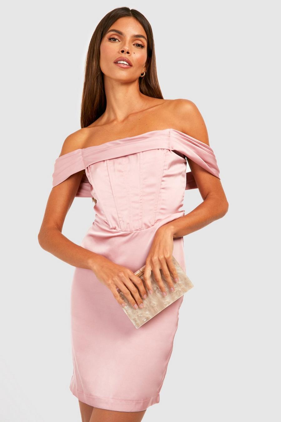 Rose pink Satin Corset Bardot Drape Mini Dress image number 1
