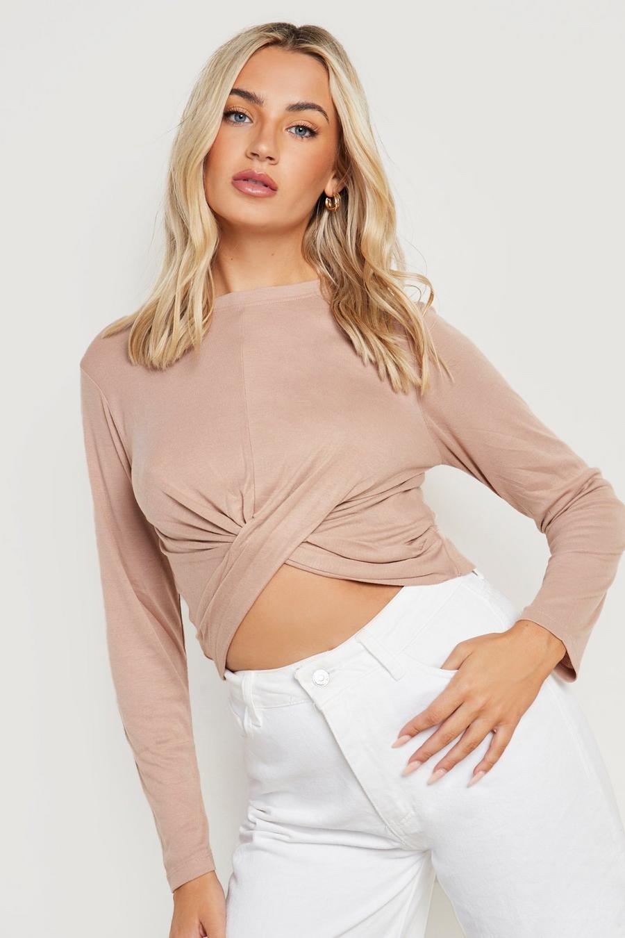Taupe Twist Front Long Sleeve Crop Top image number 1