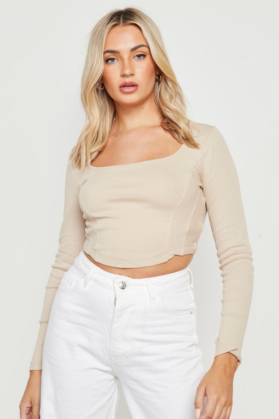 Beige Rib Corset Long Sleeve Top image number 1