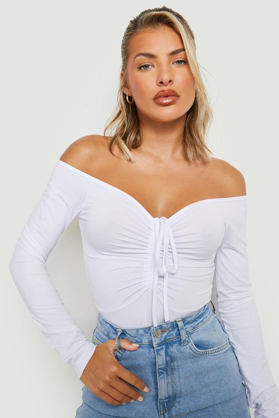 White Plunge Ruched Long Sleeve Bodysuit image number 1