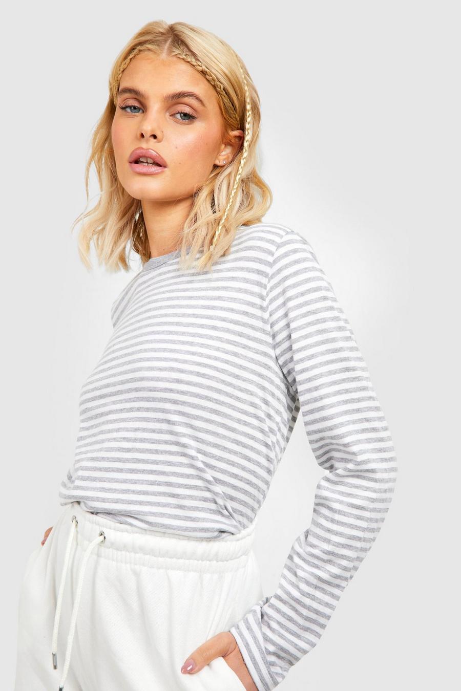 Grey marl Striped Crew Neck Long Sleeve T-shirt  image number 1
