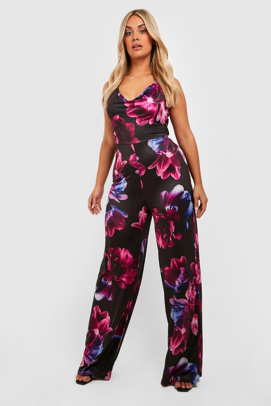 Black negro Plus Recycled Slinky Floral Flare Jumpsuit