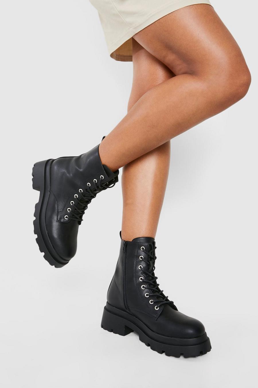 Black Chunky Heel Combat Boots image number 1