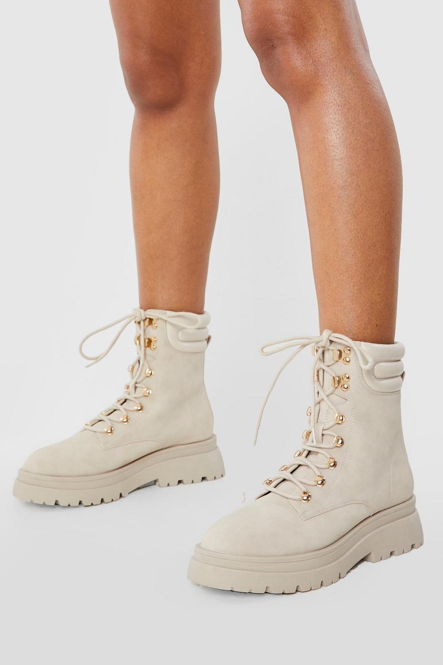 Beige Cleated Sole Lace Up Hiker Boots image number 1