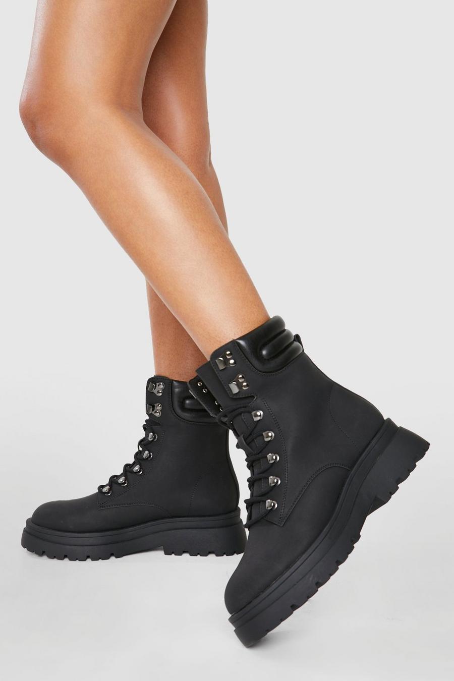Black Cleated Sole Lace Up Hiker Boots image number 1