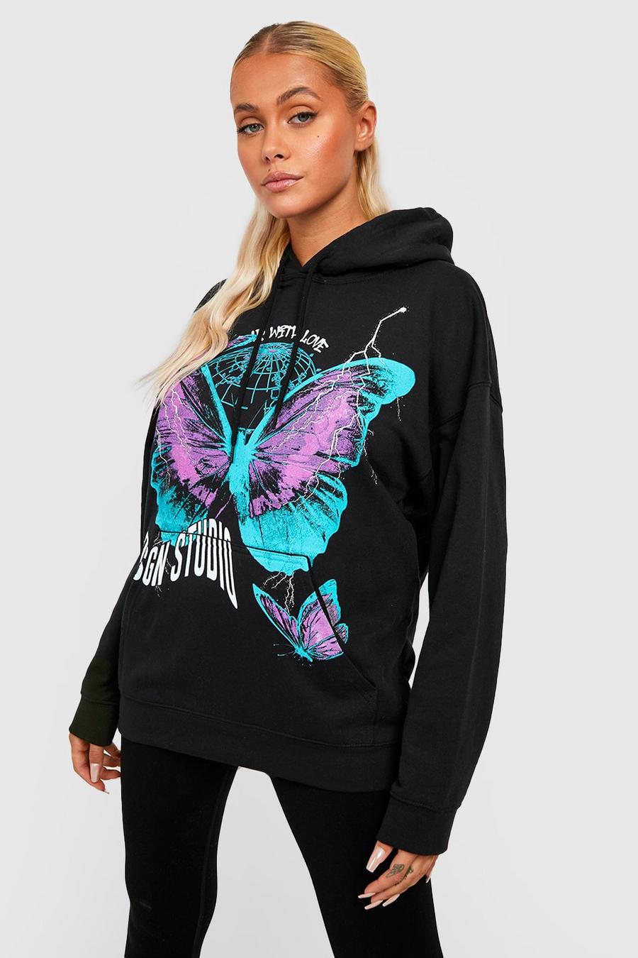 Black Graffiti Butterfly Oversized Hoodie  image number 1