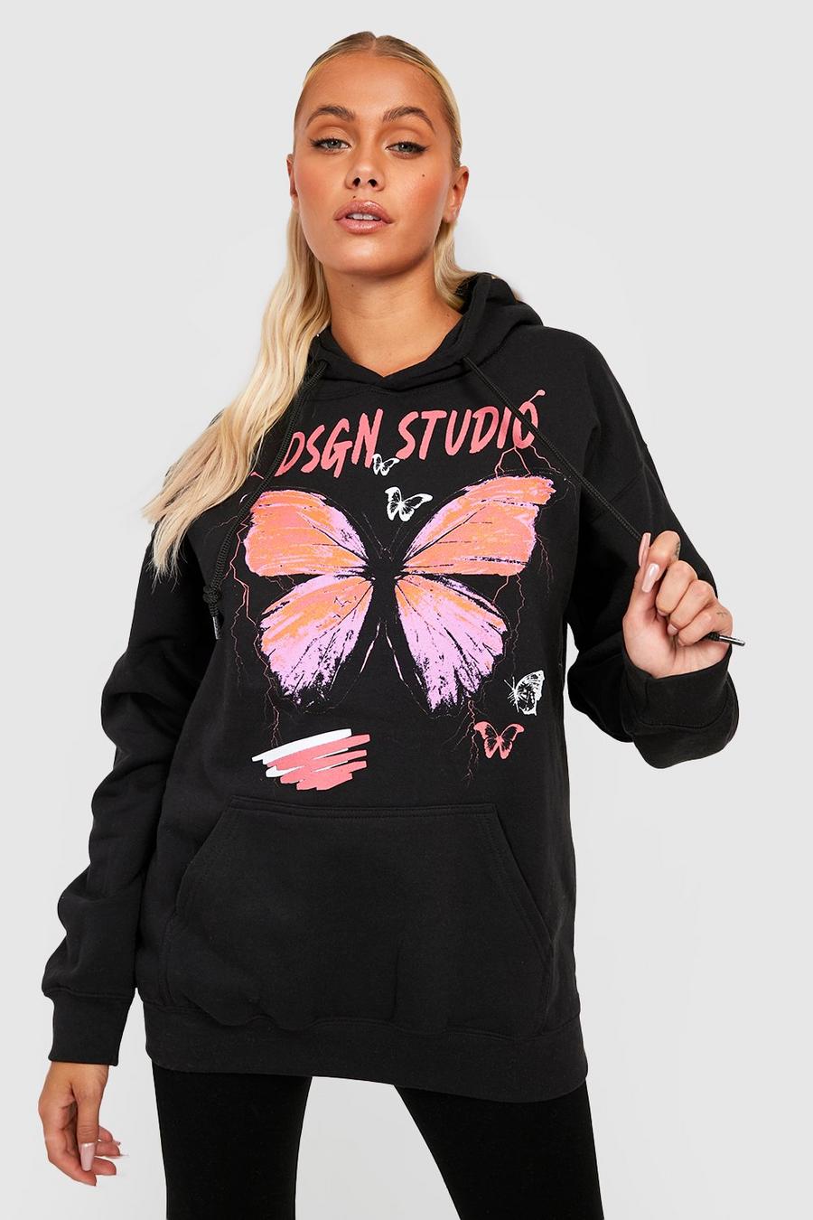 Black Butterfly Graffiti Oversized Hoodie  image number 1